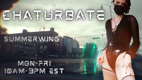 Ryder's Chaturbate stream card. A city street backdrop with a cutout photo of Ryder standing wearing a bodysuit and text that reads "CHATURBATE - SUMMERWING - MON-FRI 10AM-3PM EST"